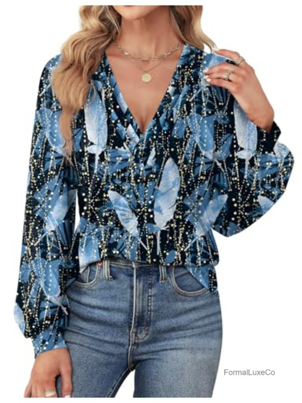 Women's V Neck Long Sleeve Puff Sleeve Tunic Blouse Pleated Loose Fit Top